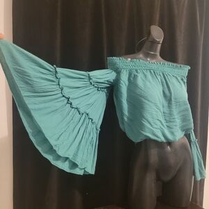 Teal Off-Shoulder Women's Blouse Bell Sleeve